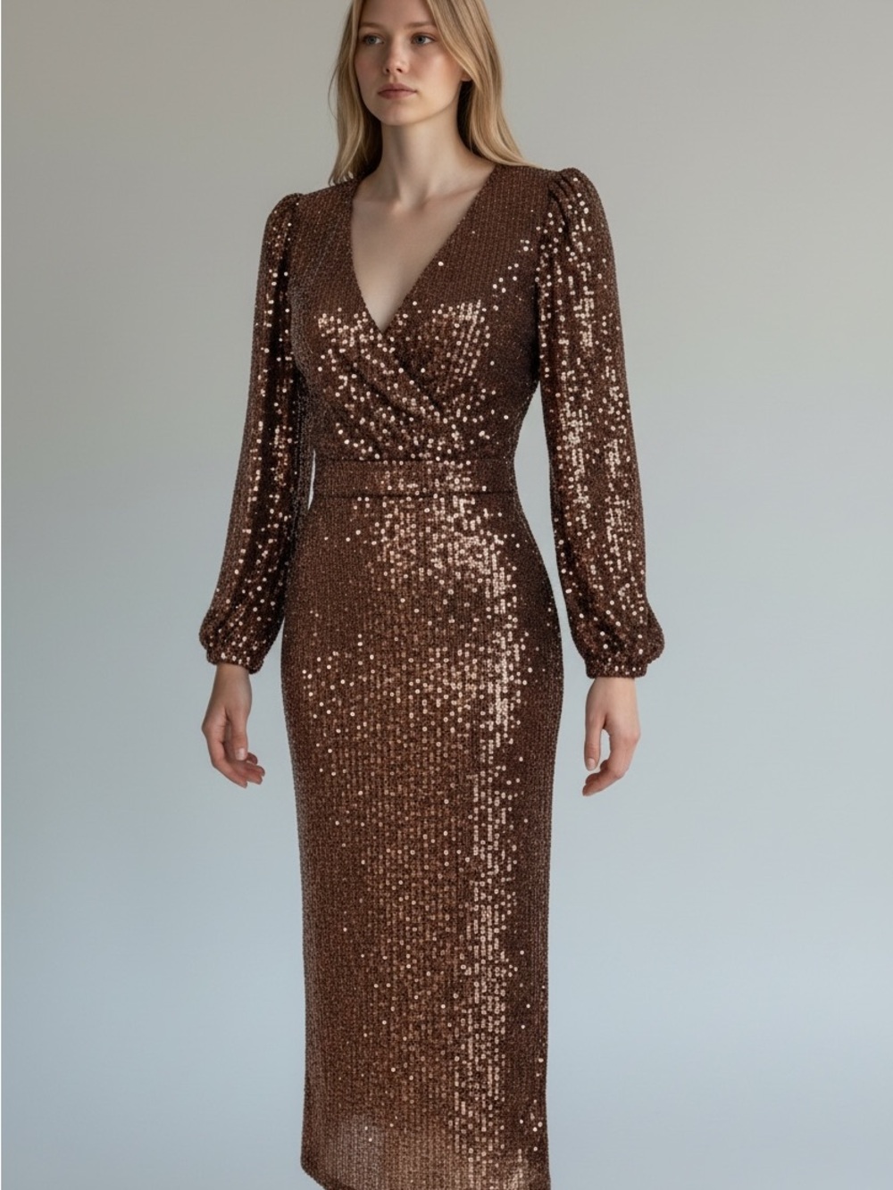 DKNYC Bronze Sequin Long Sleeve Wrap Dress with Waist Tie